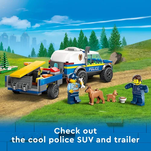 Miniatura 3 de LEGO City Mobile Police Dog Training 60369, coche de juguete SUV con remolque, circuito de obstáculos y figuras de cachorros, juego de animales