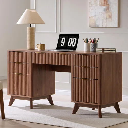 Miniatura 10 de T4TREAM Fluted Executive Desk with Drawers, 60" Modern Home Office Computer Desk with Charging Station, File Cabinet, Keyboard Tray and Storage