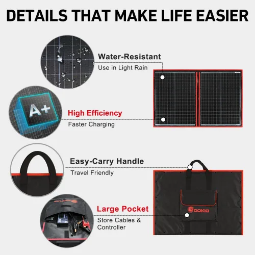 Miniatura 5 de DOKIO - Kit de panel solar plegable portátil de 100 W, diseño compacto de 48 x 66 cm, 2.4 kg, con controlador independiente y USB, cargador