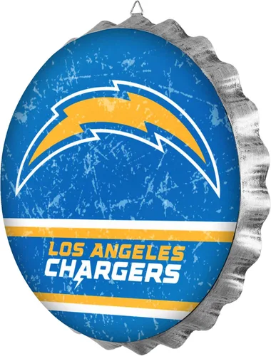 Los Angeles Chargers Cartel de pared de tapa de botella de metal Jumbo de 13" con diseño desgastado – Edición limitada de FOCO Chargers – Representa