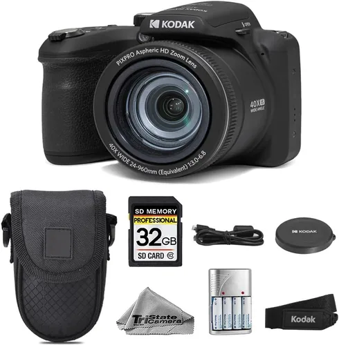 Kodak PIXPRO AZ405 - Cámara digital (negro), zoom óptico 40X, 20MP, video de 1080p, tarjeta SD de 32 GB, baterías AA extra recargables, cargador de