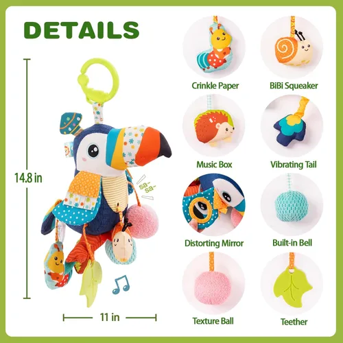 Miniatura 5 de Jollybaby Juguete colgante musical de actividad con cuerda para jalar para cochecito de bebé, asiento de coche, cuna, gimnasio de juego, juguete