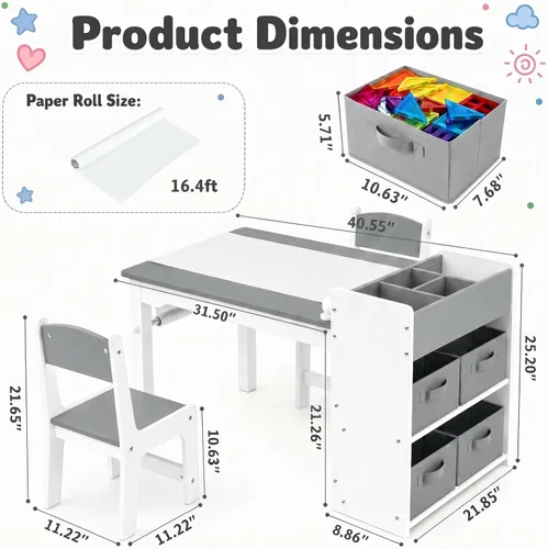 Miniatura 3 de Arlopu - Juego de mesa y 2 sillas de arte para niños, mesa de actividades de madera para niños de gran tamaño, escritorio de dibujo robusto con gran
