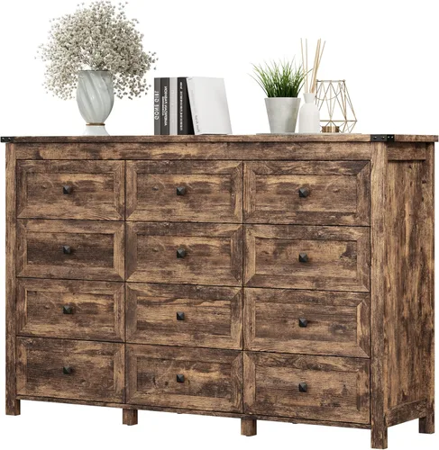 Miniatura 24 de Cómoda para dormitorio con 6 cajones, cómoda de madera de granja, soporte de TV ancho con mango de metal, organizador de ropa moderno para pasillo