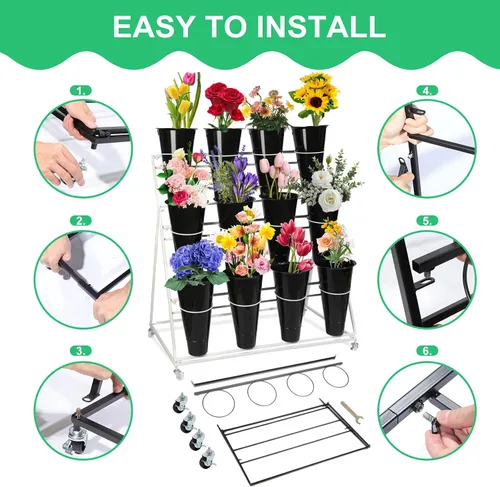 Miniatura 4 de Soporte de exhibición de flores con cubos, soporte de metal para plantas de 3 capas con ruedas, estante móvil para ramo de floristería para tienda