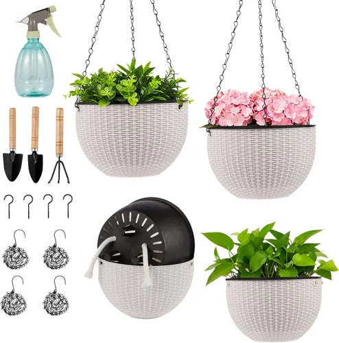 4 juegos de macetas colgantes de riego automático de 8.2 pulgadas, adecuadas para plantas de interior y exterior, macetas con cadenas colgantes,