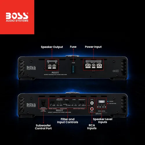 Miniatura 4 de BOSS AUDIO R3400D Riot 3400-Watt Monoblock, clase D 1 – 8 ohmios estable Monobloque – Amplificador con mando a distancia Subwoofer Control de nivel