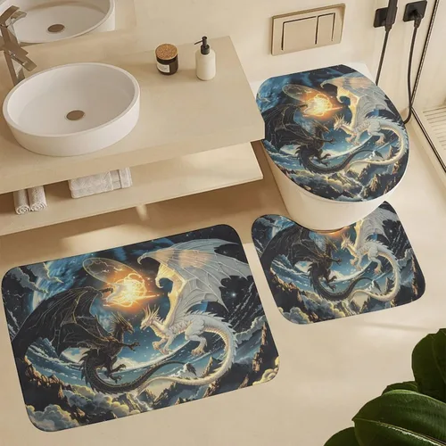 Miniatura 6 de Juego de 4 cortinas de ducha con diseño de dragón y luna de fantasía, juego de decoración de baño con alfombras, tapete de baño, cortina de ducha