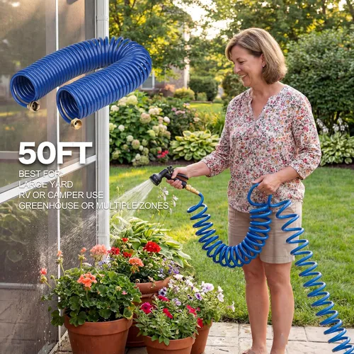 Miniatura 6 de Manguera de jardín de retroceso de 10 pies para balcón: manguera de agua de bobina de EVA verde ligera con accesorios de latón, almacenamiento