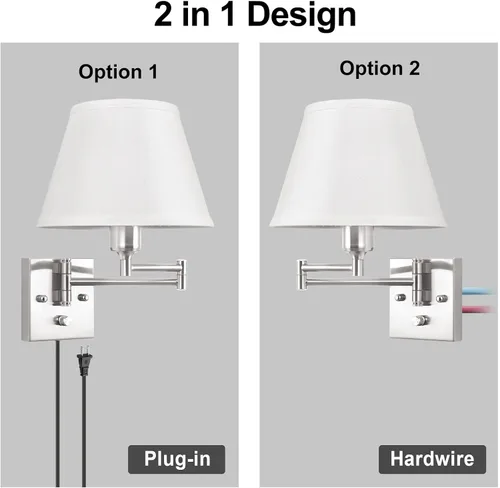 Miniatura 8 de TRLIFE Aplique de pared enchufable, juego de 2 lámparas de pared regulables con brazo oscilante de níquel cepillado, cable de enchufe y interruptor