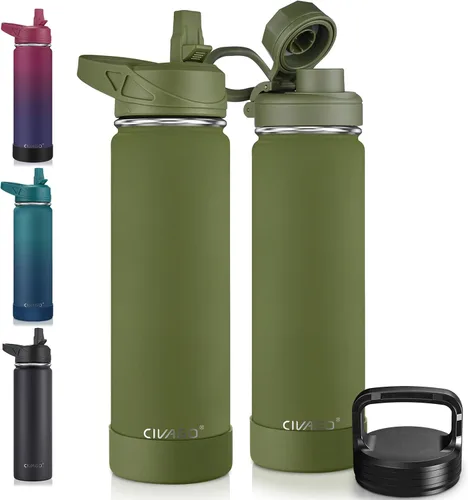 Miniatura 60 de CIVAGO Botella de agua aislada de 22 onzas con pajita, frasco de agua deportiva de acero inoxidable con 3 tapas