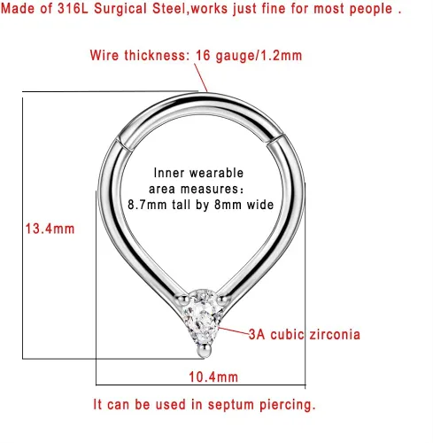 Miniatura 2 de FANSING Piercing de acero quirúrgico de 056oz y 0315in para mujer Metal circonita cúbica