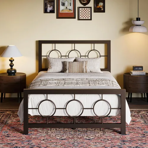 Miniatura 9 de SHA CERLIN Marco de cama de metal tamaño King con cabecera y pie de cama de diseño circular vintage, no requiere somier, fácil montaje, sin ruido