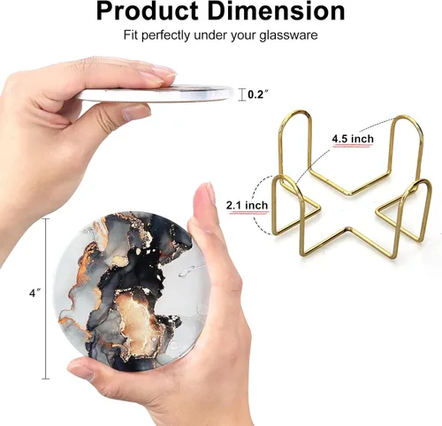 Miniatura 4 de Juego de 6 posavasos de cerámica abstractos de mármol negro con soporte para escritorio, salón, mesa de café, vino, bebidas, bar