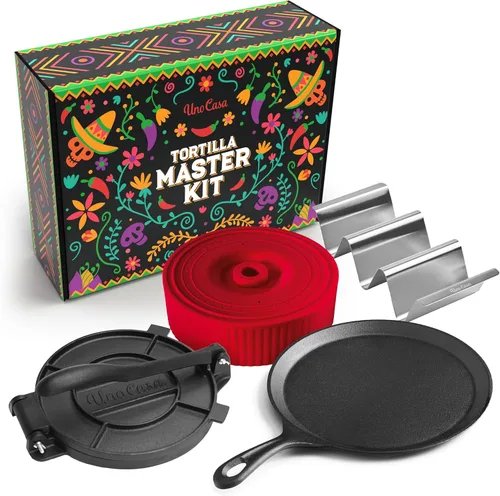 Miniatura 10 de Uno Casa Prensa de tortilla de hierro fundido de 8 pulgadas con calentador de tortillas - Paquete de preparador pre-sazonado para quesadillas, roti
