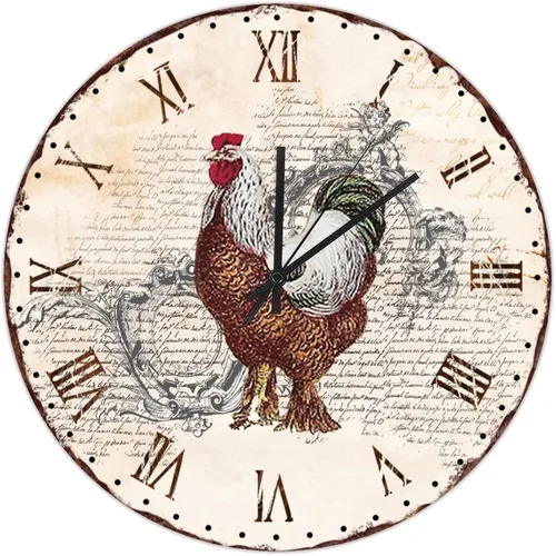 UFunhome Reloj de pared rústico de cocina de 10 pulgadas, estilo vintage, gallo y gallina, decoración de pared, redondo, sin tictac, reloj de madera