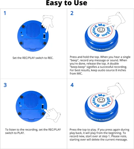 Miniatura 5 de Botón Record Me: diseño único y alegre grabable con micrófono integrado, reproduce tu propio mensaje personalizado en cualquier momento (azul)