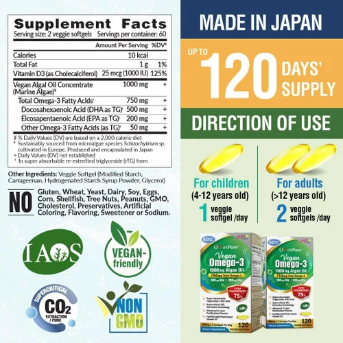 Miniatura 2 de LABO Nutrition OmaxPure - Aceite de algas veganas Omega-3 de 750 mg, suplemento de omega-3 EPA y DHA a base de plantas para la salud del corazón