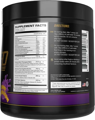 Miniatura 11 de EHP Labs OxyShred Hardcore Super Dosed Polvo de Pre Entrenamiento - Polvo de Preentrenamiento con L Glutamina y Acetil L Carnitina, Bebida