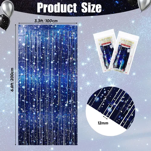 Miniatura 3 de Tingjoo Paquete de 2 cortinas de papel de aluminio de galaxia para decoraciones de fiestas temáticas espaciales, cortinas de oropel iridiscente azul