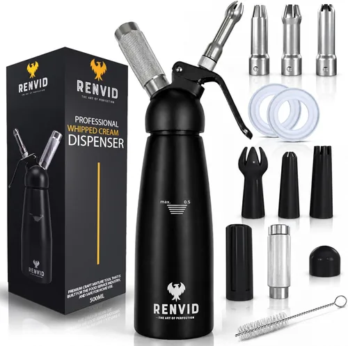 Dispensador profesional de crema batida, recipiente de aluminio de 16.9 fl oz con 2 juegos de puntas de acero inoxidable y plástico, cepillo de Negro