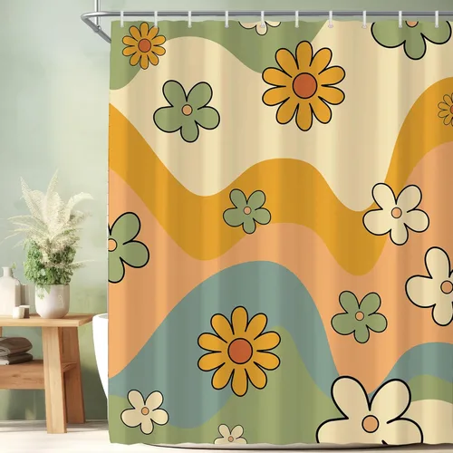 Miniatura 8 de Cortina de ducha pequeña para casa rodante, tamaño medio, estilo retro de los 70, con flores bonitas, estética abstracta de margaritas, decorativa