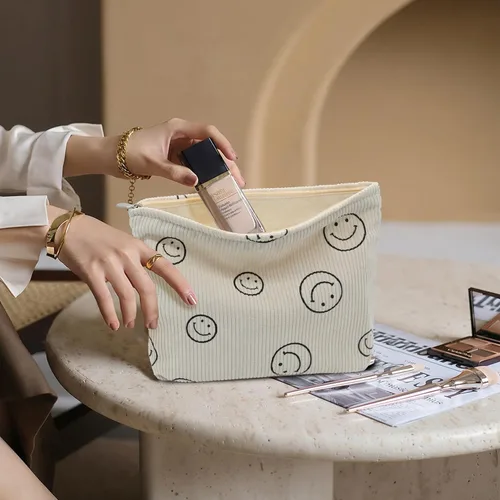 Miniatura 6 de Bolsa de maquillaje de pana, bolsa cosmestic de gran capacidad para mujeres y mujeres, organizador de maquillaje estético, accesorios con cremallera