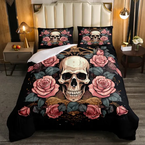 Miniatura 11 de Erosebridal Juego de ropa de cama de calavera de vaca bohemia tamaño individual para vaquero occidental, diseño de cactus y esqueletos negros, juego
