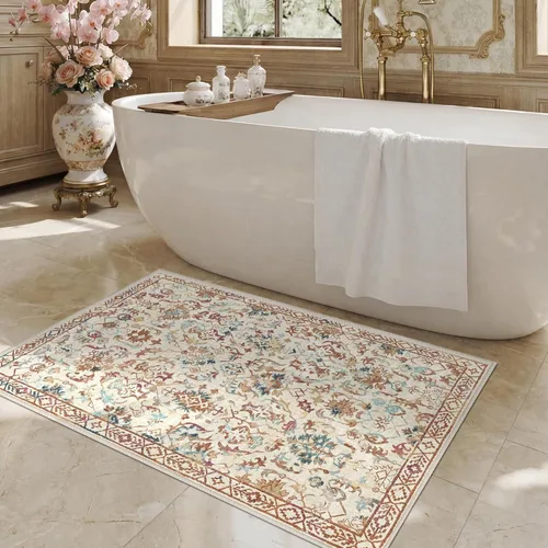 Miniatura 4 de Alfombra de área pequeña de 2 x 3 pulgadas, color beige, para entrada, baño, cocina, antideslizante, de pelo bajo, lavable, moderna alfombra bohemia