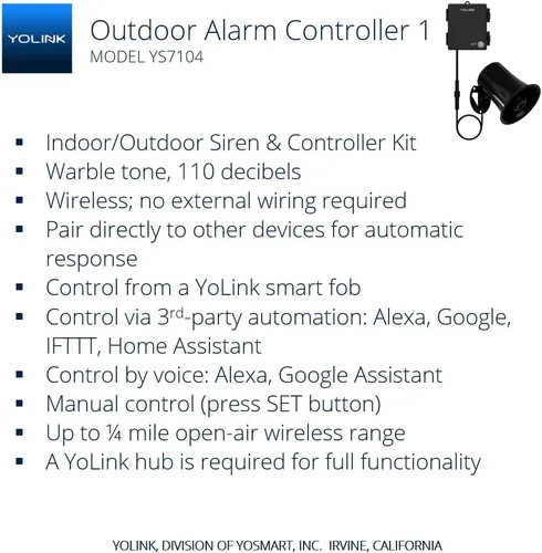 Miniatura 2 de YoLink Kit de sirena de seguridad para exteriores y controlador de alarma inteligente: 110 dB, inalámbrico, alimentado por batería, alcance de 1/4