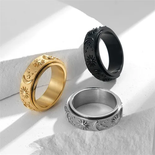 Miniatura 4 de Nanafast Anillo giratorio de acero inoxidable para aliviar la ansiedad y el estrés, anillo de compromiso de Horus, sol, luna, estrellas