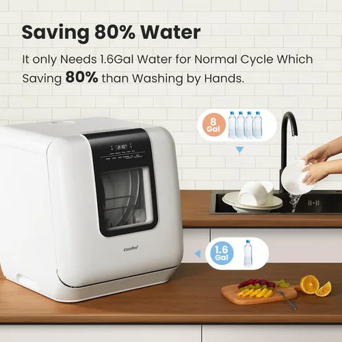 Miniatura 8 de COMFEE' Lavavajillas para encimera, lavavajillas portátil con tanque de agua integrado de 6 L, mini lavavajillas con más espacio en el interior, 7