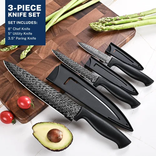 Miniatura 5 de Gourmetop Juego de cuchillos de cocina con funda 3 piezas, juego de cuchillos de chef negros para cocinar, cuchillos de cocina afilados con funda