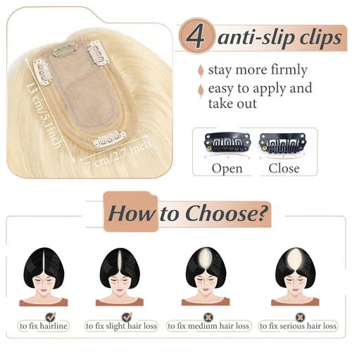 Miniatura 5 de Toppers de cabello humano con clip de 6 pulgadas, cabello lacio para pérdida de cabello, cubierta de cabello fino, cabello gris, rubio ceniza #613