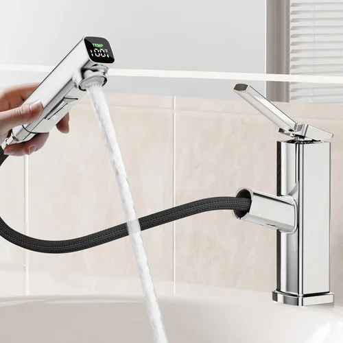 Miniatura 16 de HANLIAN Grifo extraíble de baño de un solo orificio con boquilla giratoria, grifo de una manija para lavabo de baño, grifo de baño moderno con Cromo