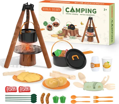 Set de Juguetes de Acampada para Niños, Juego de Cocina de Simulación con Estufa de Spray, Juguetes de Comida, Vajilla, Juguetes de Fogata al Aire