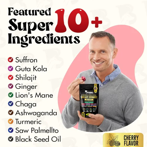 Miniatura 4 de Gomitas Shilajit puras del Himalaya de 3200 mg orgánicas para hombres y mujeres con probióticos y magnesio, Ashwagnadha Chaga, cúrcuma, ácido