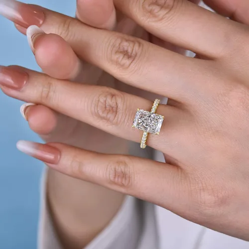 Miniatura 3 de Effinny Anillo de compromiso de corte radiante de 3.57.0 ct para mujer, anillo de compromiso de plata esterlina chapada en oro amarillo
