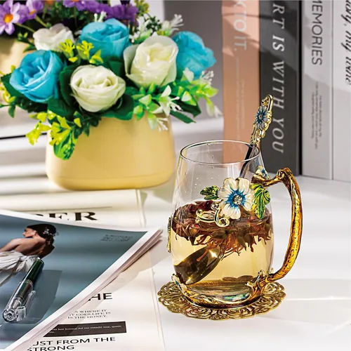 Miniatura 7 de Taza de té con flores, taza de café de vidrio con mariposa y margarita, con cuchara, caja de regalo para su mamá, esposa, abuela, niñas, amigas