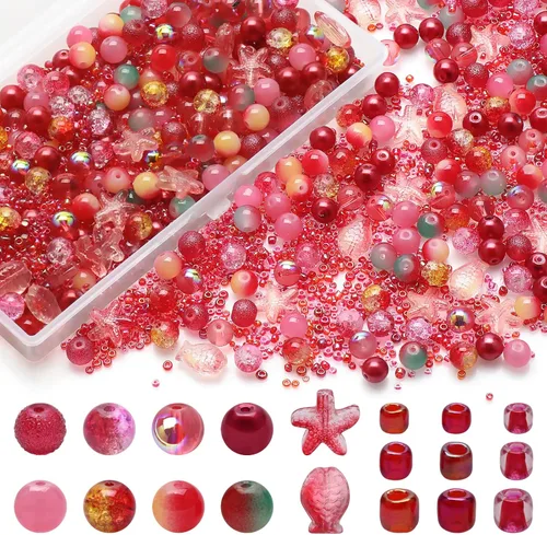 Miniatura 9 de Rired 27 Kit de 760 piezas de cuentas mixtas para manualidades, kit de fabricación de pulseras de cuentas de vidrio rosa, cuentas de cristal