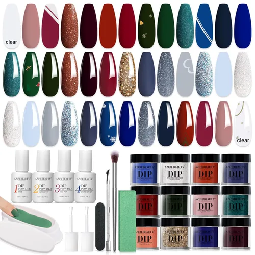 Miniatura 10 de AzureBeauty Kit de iniciación de polvo de inmersión para uñas, color azul, rojo, verde, purpurina, 31 piezas, 20 colores, polvo de inmersión