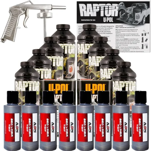 U-POL Raptor Revestimiento para cajuela de camioneta tipo Tonneau, en aerosol, de uretano metálico, color gris oscuro, con rociador de regalo, de 8