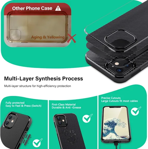 Miniatura 2 de ONES Funda delgada para iPhone 12 Mini, funda protectora de fibra de carbono a prueba de golpes con diseño minimalista y prevención de huellas Negro