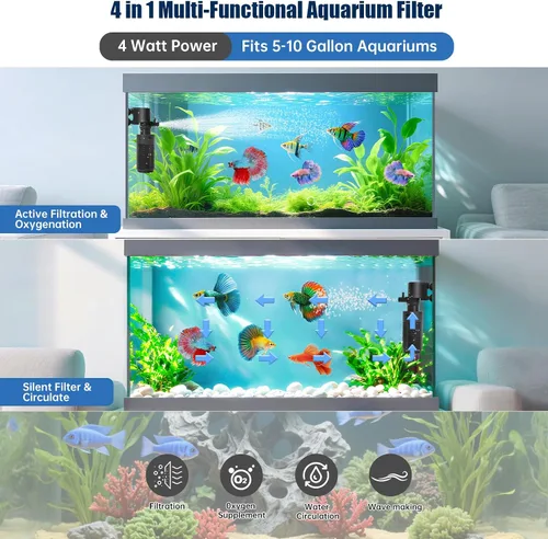 Miniatura 7 de Filtro de acuario para tanque de 5 a 10 galones - Bomba de filtro sumergible ultra silenciosa, 4 W de eficiencia energética, flujo ajustable, fácil