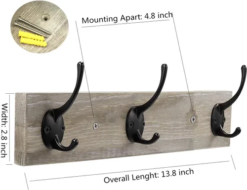Miniatura 2 de Perchero de pared, perchero de entrada vintage rústico de madera con 3 ganchos para colgar abrigos y sombreros, riel de zinc fundido