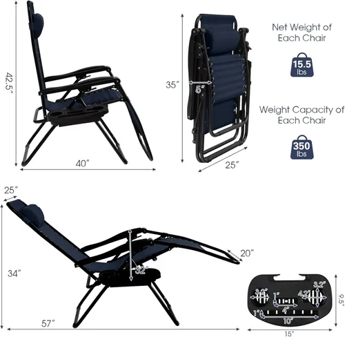 Miniatura 3 de Goplus Sillas de salón Zero Gravity, reclinables plegables ajustables en 160° con almohada y soporte para tazas, cómodas sillas de descanso de 350