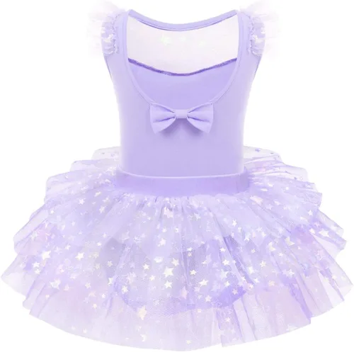 Miniatura 2 de IDOPIP Leotardo con falda tutú de estrellas con purpurina para niñas, manga con volantes, vestido de ballet para bailarina, traje de gimnasia