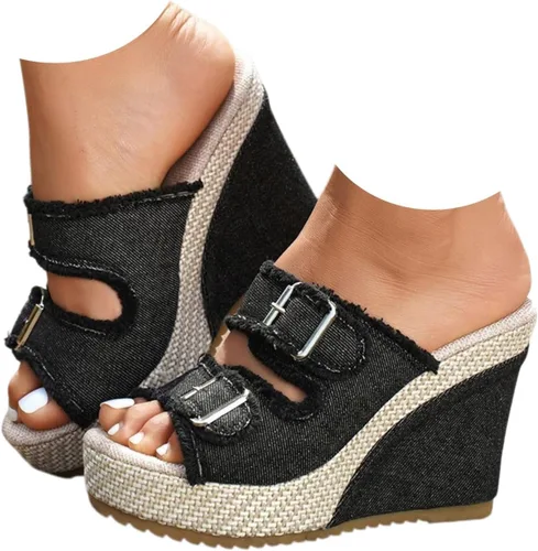 Miniatura 9 de Sandalias de cuña de mezclilla para mujer 2026 con puntera abierta, alpargatas con lazo, zapatos casuales de playa de verano para viajes, fiestas