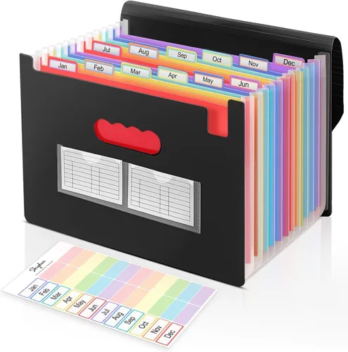 Miniatura 14 de SKYDUE Organizador de archivos de acordeón, carpeta de archivos expandible con 13 bolsillos, organizador portátil de recibos de papel para Negro