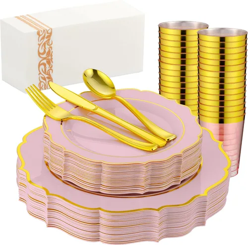 Miniatura 7 de 175 PCS Platos de Plástico Rosa para 25 Invitados, Juego de Vajilla Desechable Rosa y Dorado para Fiestas y Bodas Incluye 25 Platos de Cena y 25